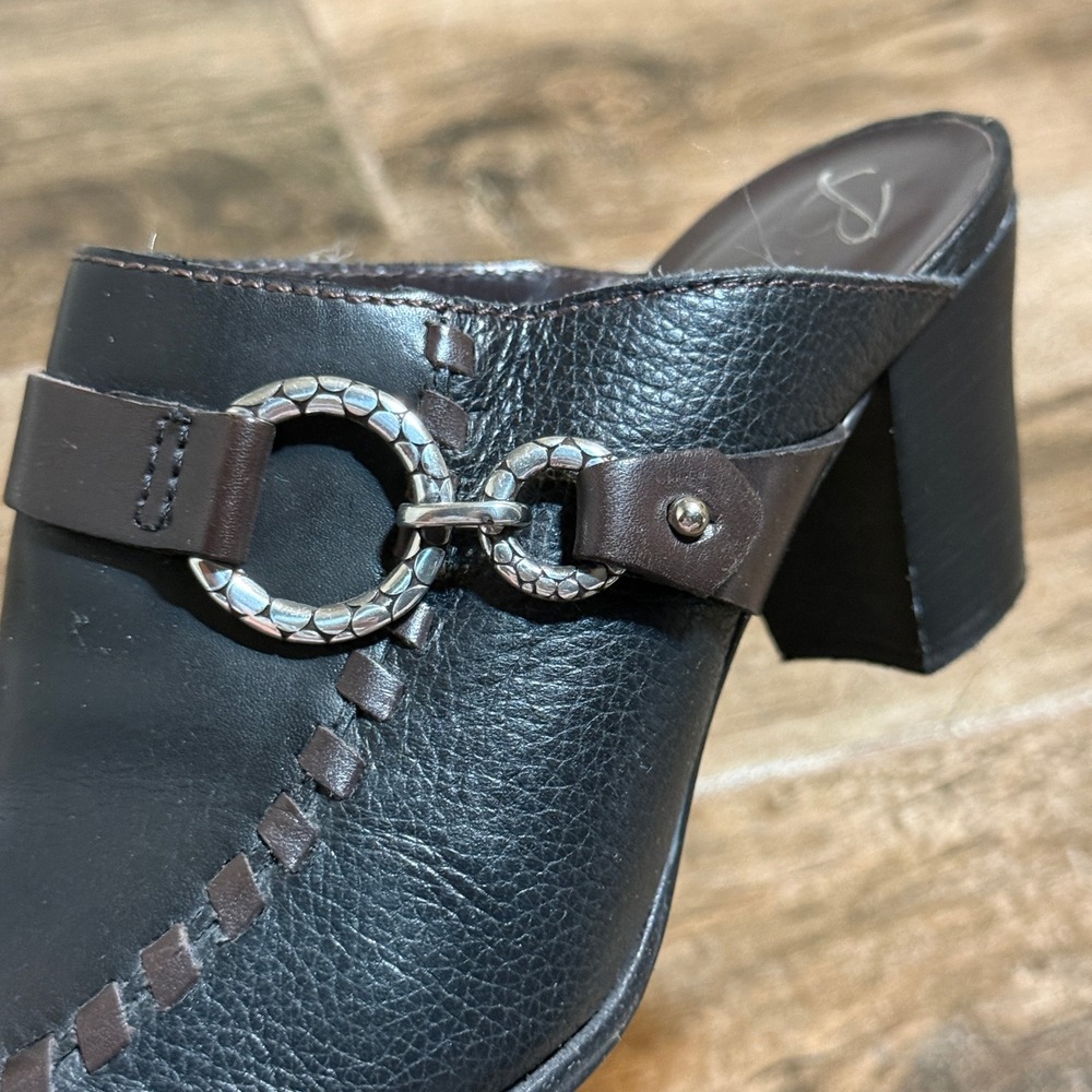 Brighton Vintage Gemini Pebbled Leather Horsebit Block Heel Mules, Black Brown,8 - Picture 4 of 10
